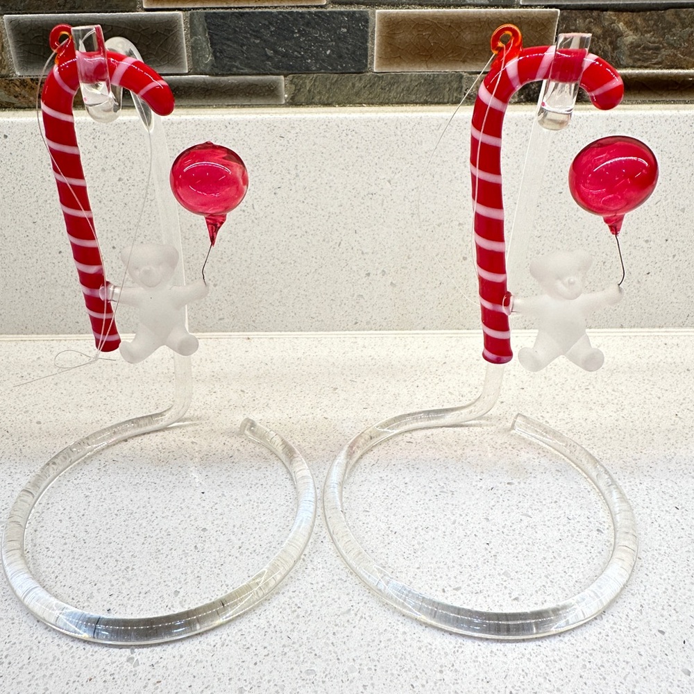 All glass Candy canes each with a Frosted Glass Bear holding a Glass Balloon 🎈